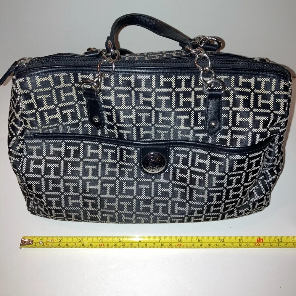 Tommy Hilfiger Black White Satchel Handbag Bowler TH Logo Monogram Fall Purse